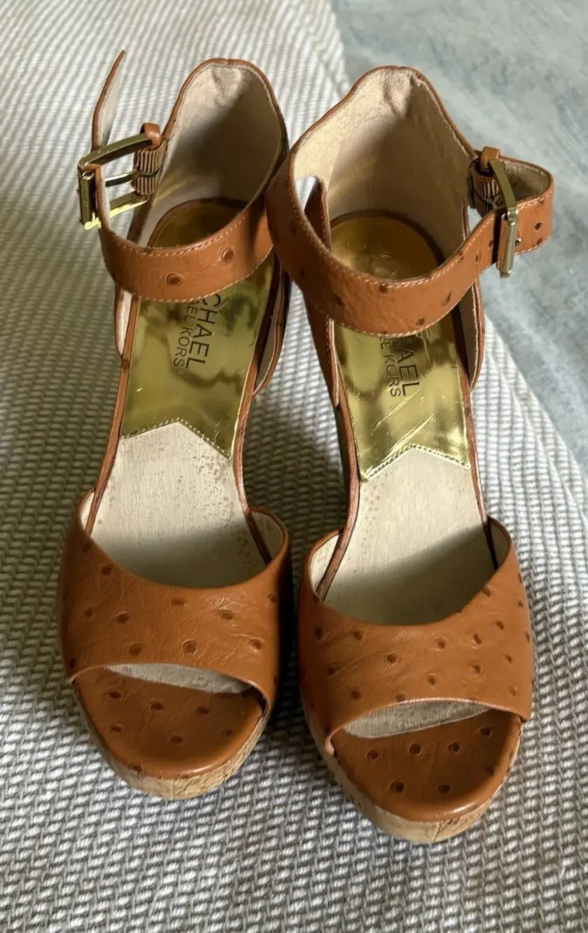 MICHAEL Michael Kors Brown Ostrich Embossed Cork Platform Wedge Sandals Size 6.5
